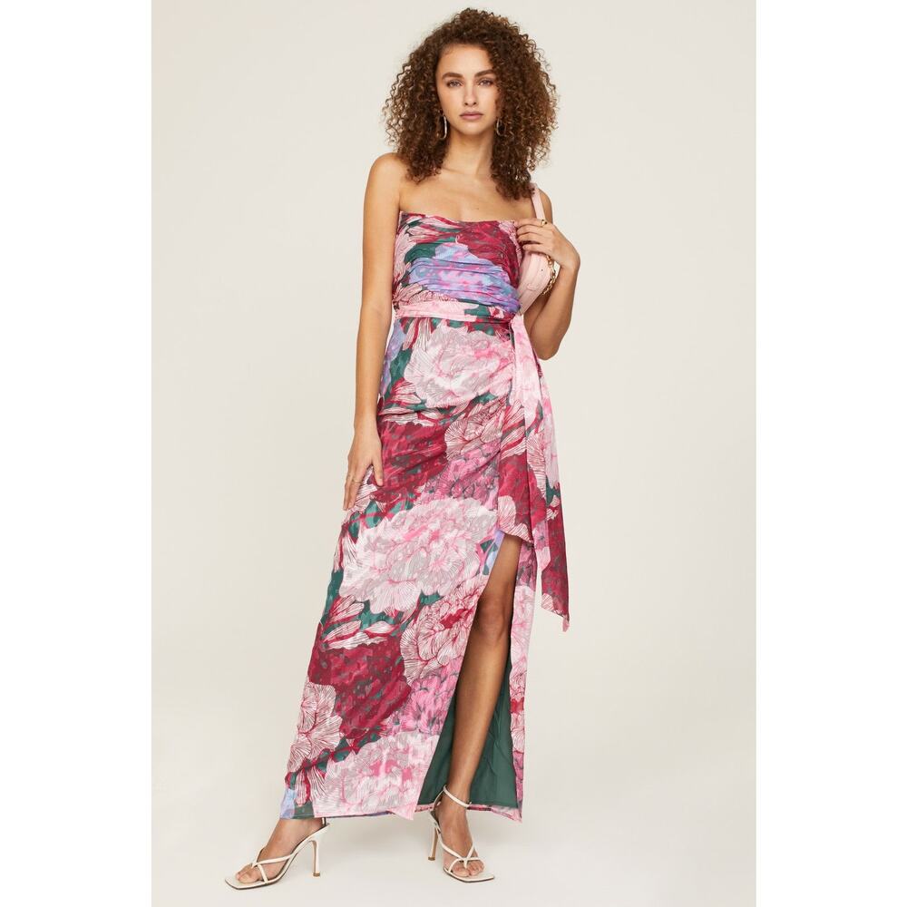 HUTCH Purple Pink Floral Drape Front Strapless Julietta Maxi Gown size 4